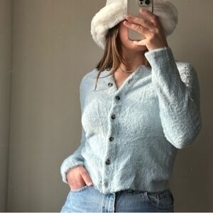 Madewell XS Light Blue Hewit Fuzzy Slim Button Up Cardigan Sweater MA724